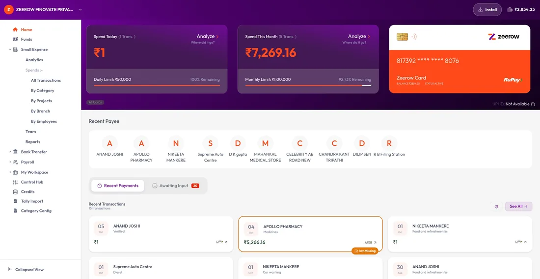 zeerow web app dashboard